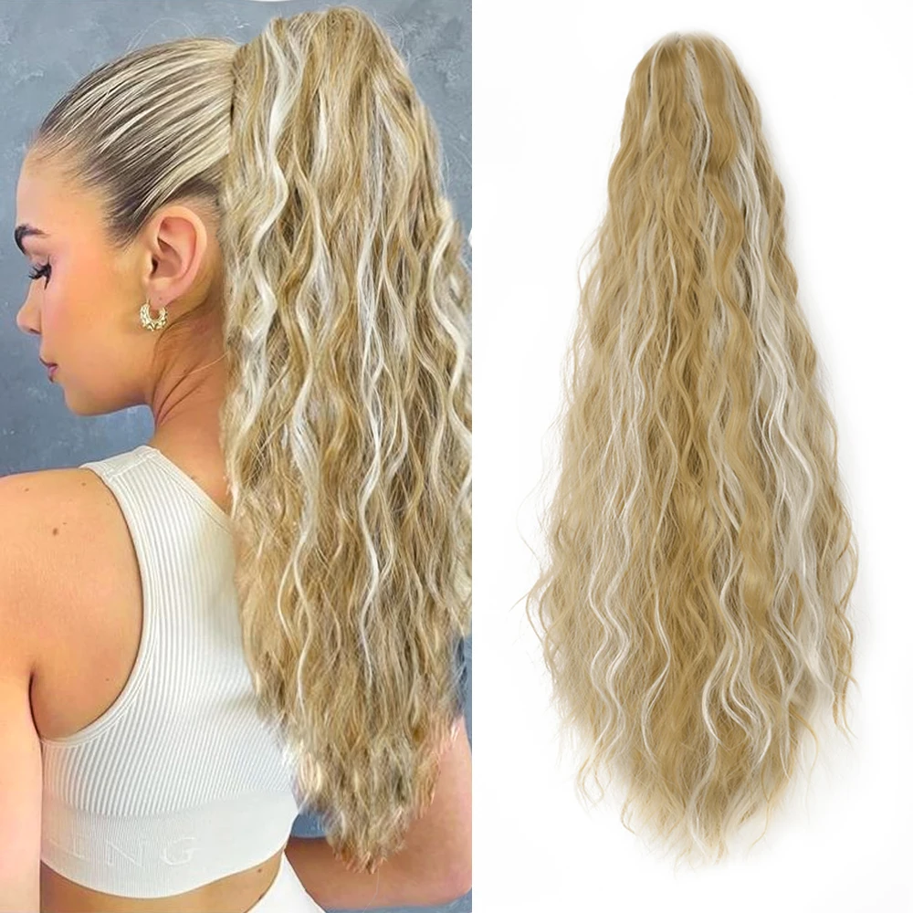 Synthetic Water Wave Claw Clip Ponytail Black Blonde Heat Resistant Fiber Fluffy Messy Ponytail Hair Extensions For Women