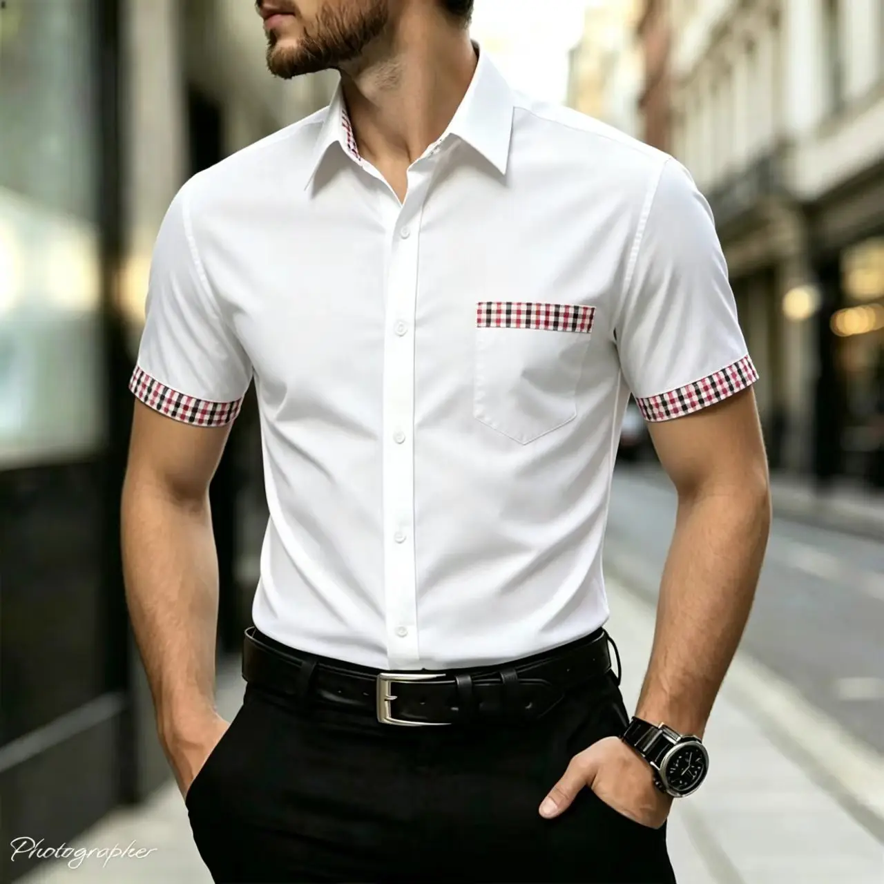 Men's short sleeved shirt with checkered border collar, sleeve pockets for slim fit and casual wear, and a formal button up top。