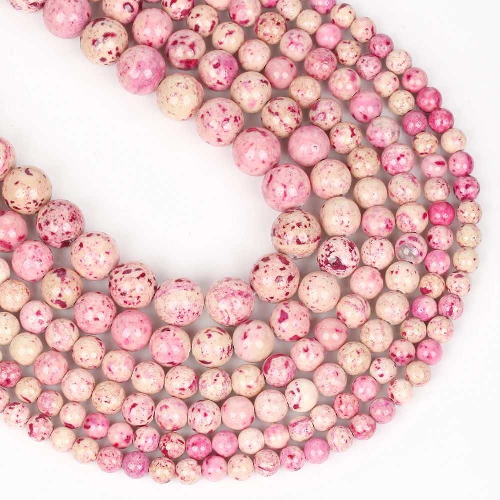 Natursteinperlen 6-12mm Rosa Gefleckter Türkis Runde Lose Abstandsperlen für Schmuckherstellung DIY Armbänder Ohrring-Zubehör