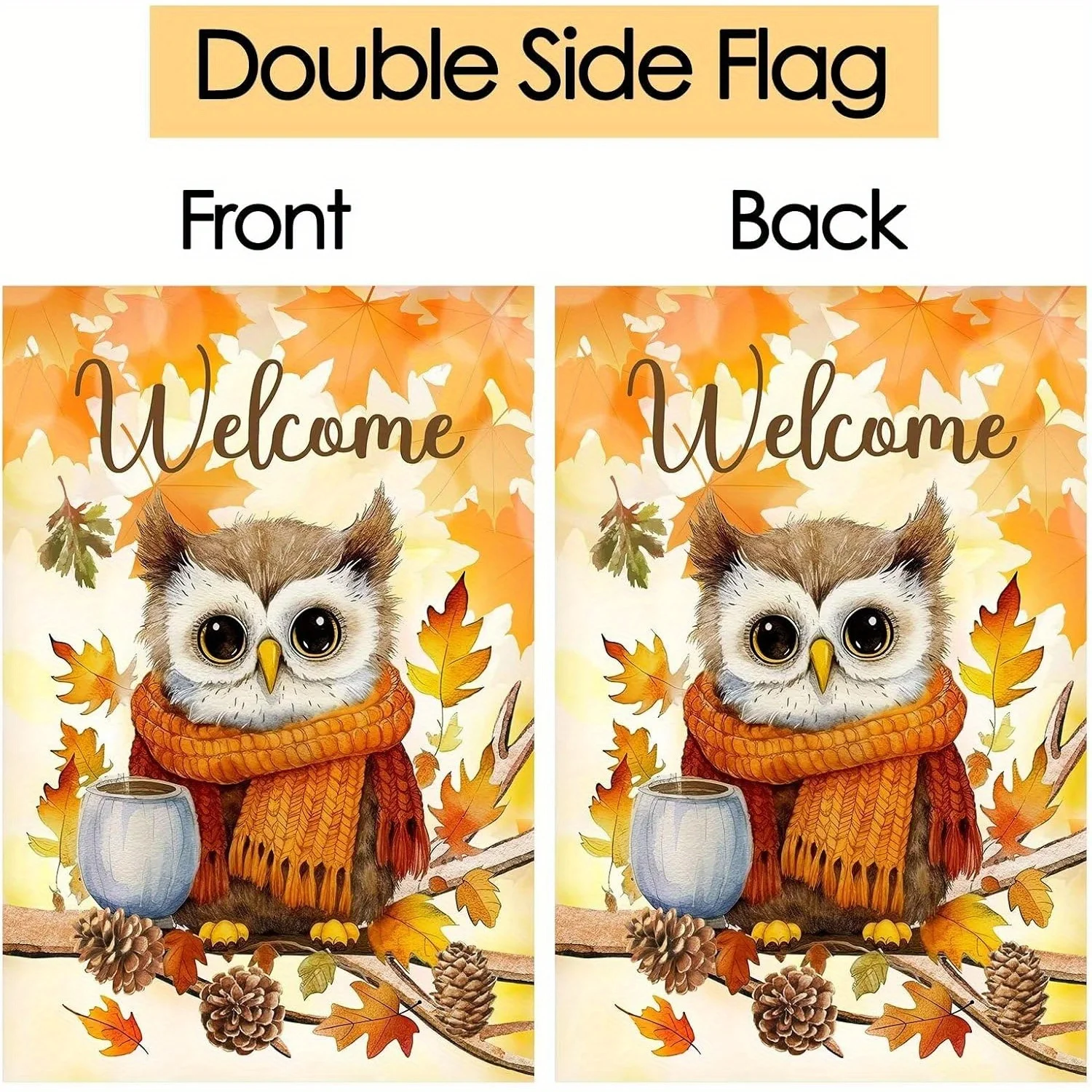 Welcome Fall Owl Garden Flag - 12x18 Inch Double-Sided Autumn Yard Decor with Cute Owl, Scarf, and Maple Leaves