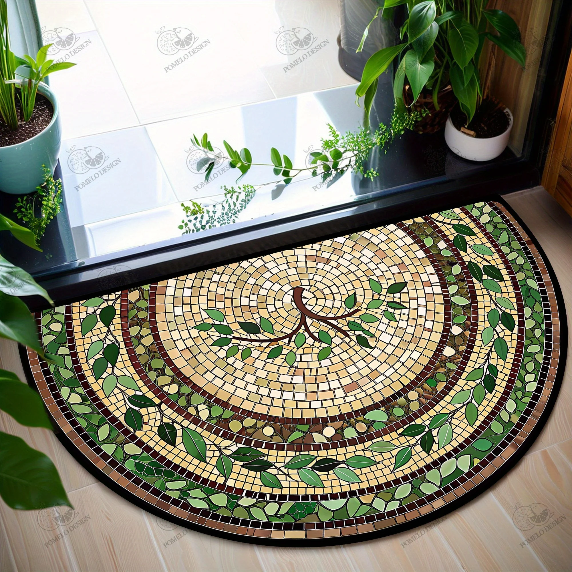 VIKAMA Tree of Life Green Leaf Semicircle Mat Non Slip Entryway Rug Indoor Outdoor Foyer Decor