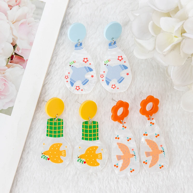 1Pair Cure Flower Vase Earrings Acrylic Multicolour Peace Pigeon Bird Jewelry Charms For Woman Girls Festival Birthday Gift