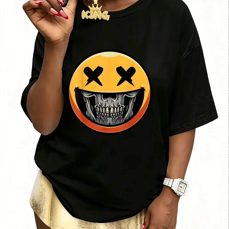 Cool Smile Face Skull Women's 100% Cotton T-Shirt Short Sleeve Top Casual Round Neck Fun Print Tee S-5Xl