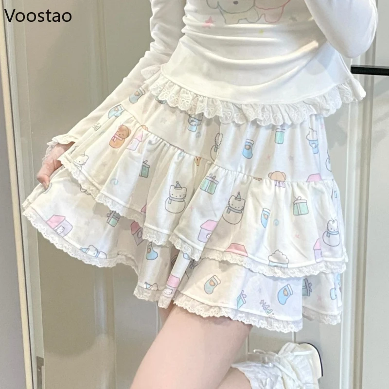 Japanese Kawaii Cartoon Print Lolita Mini Skirt Women Casual Lace Ruffles Y2k Cake Skirts Girls Sweet Elastic Waist Short Skirt