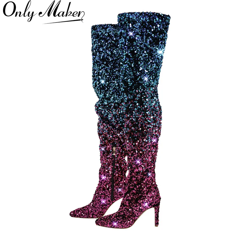 Onlymaker Women Pointed Toe Bling Glittery Over The Knee Boots Gradient Color Sequins Stiletto Female Boots