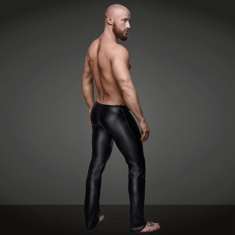 Men Sexy Wetlook Faux Leather Lingerie Exotic Pants PU Latex Catsuit zipper crotch PVC Clubwear gay fetish Pants leggings zentai