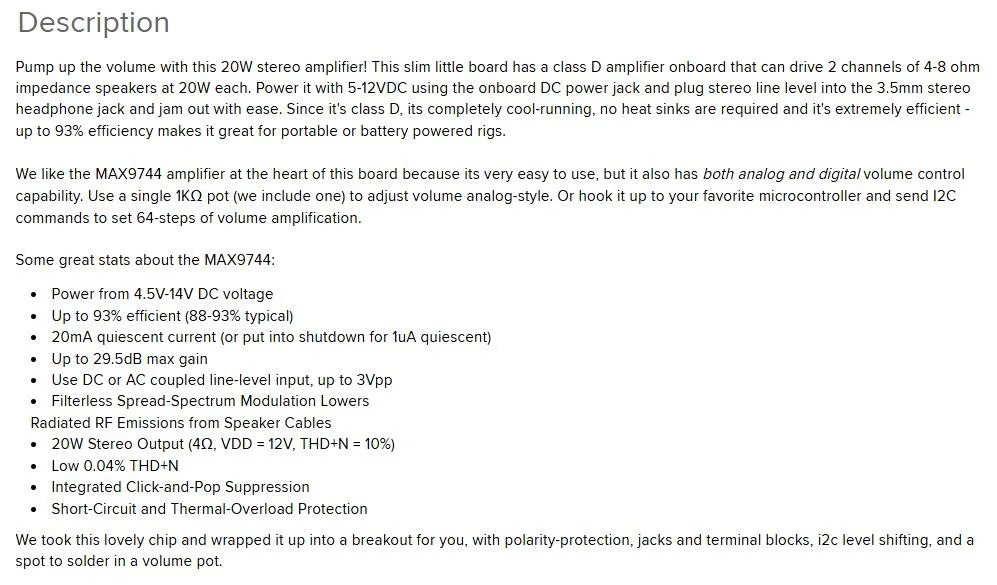 Adafruit 1752 Stereo 20W Class D Audio Amplifier - MAX9744 Breakout Board, I2C Volume Control