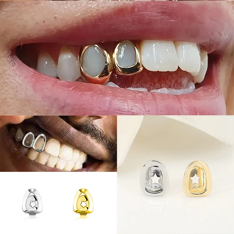 Hip Hop estrella hueca Diente Grillz decoración de dientes tapas de dientes colmillos parrillas dentales para Mujeres Hombres joyería Cosplay