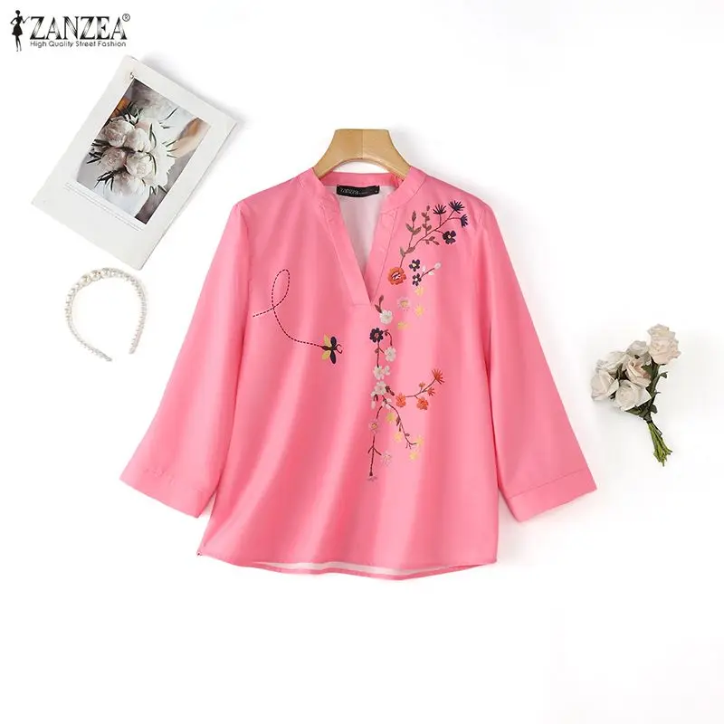 ZANZEA Floral Print Women Blouses Summer Autumn 3/4 Sleeve Fashion V Neck Loose Tops OL Work Thin Tee Party Blusas 3XL Oversize