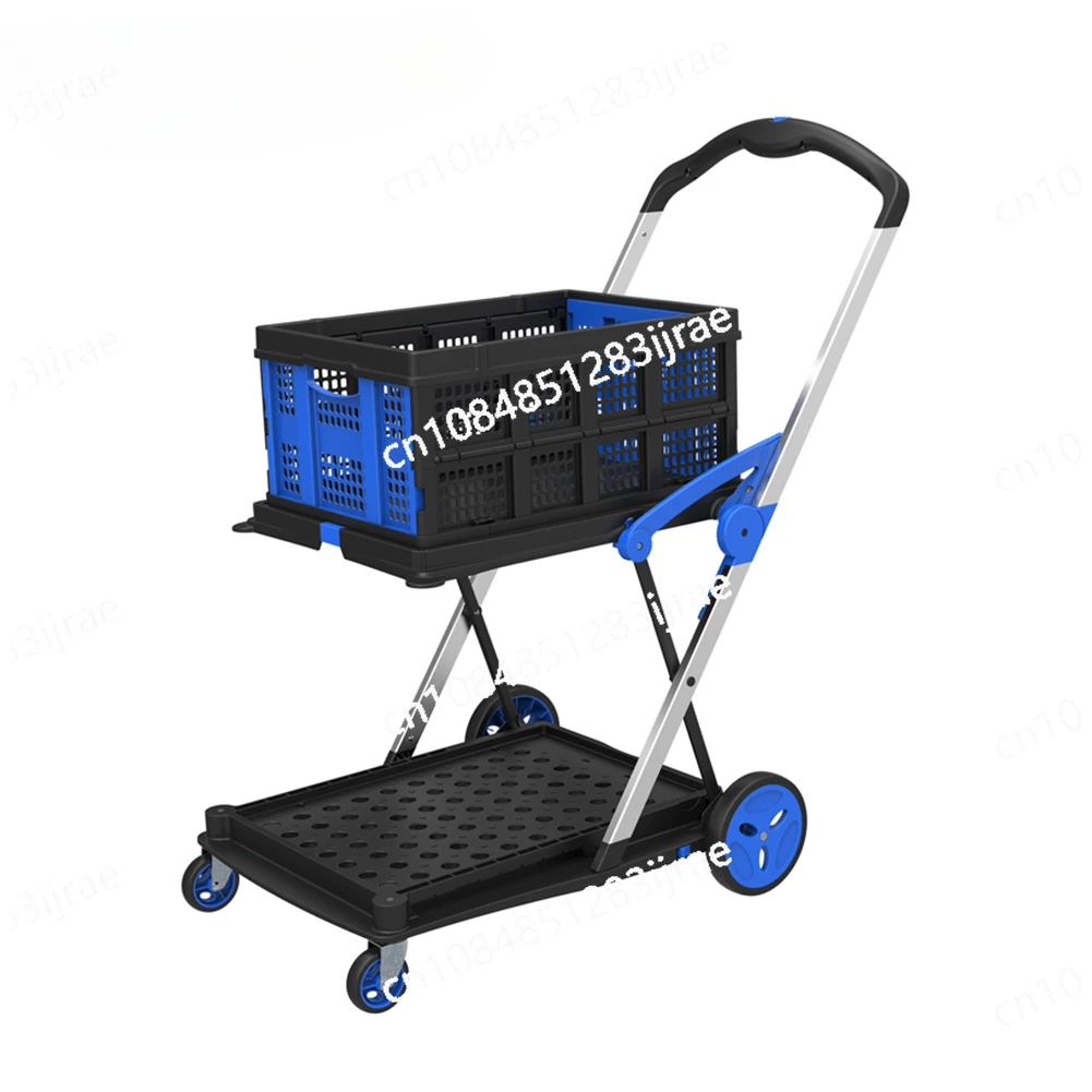 New Product Plastic Collapsible Portable Folding Two Layers Supermarket Grocery Shopping Trolley Cart with Wheels