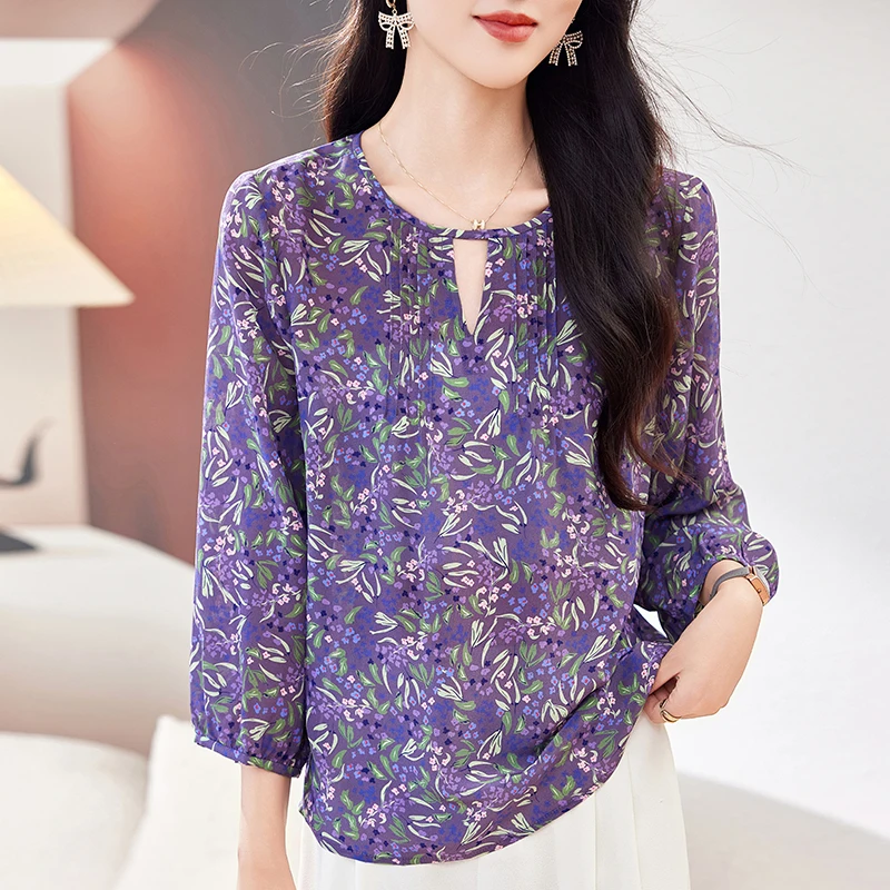 

100% Real Silk Elegant Shirts & Blouses for Women O-neck Three Quarter Sleeve Chic Floral Blouse Woman Fashion Shirt Loose Tops