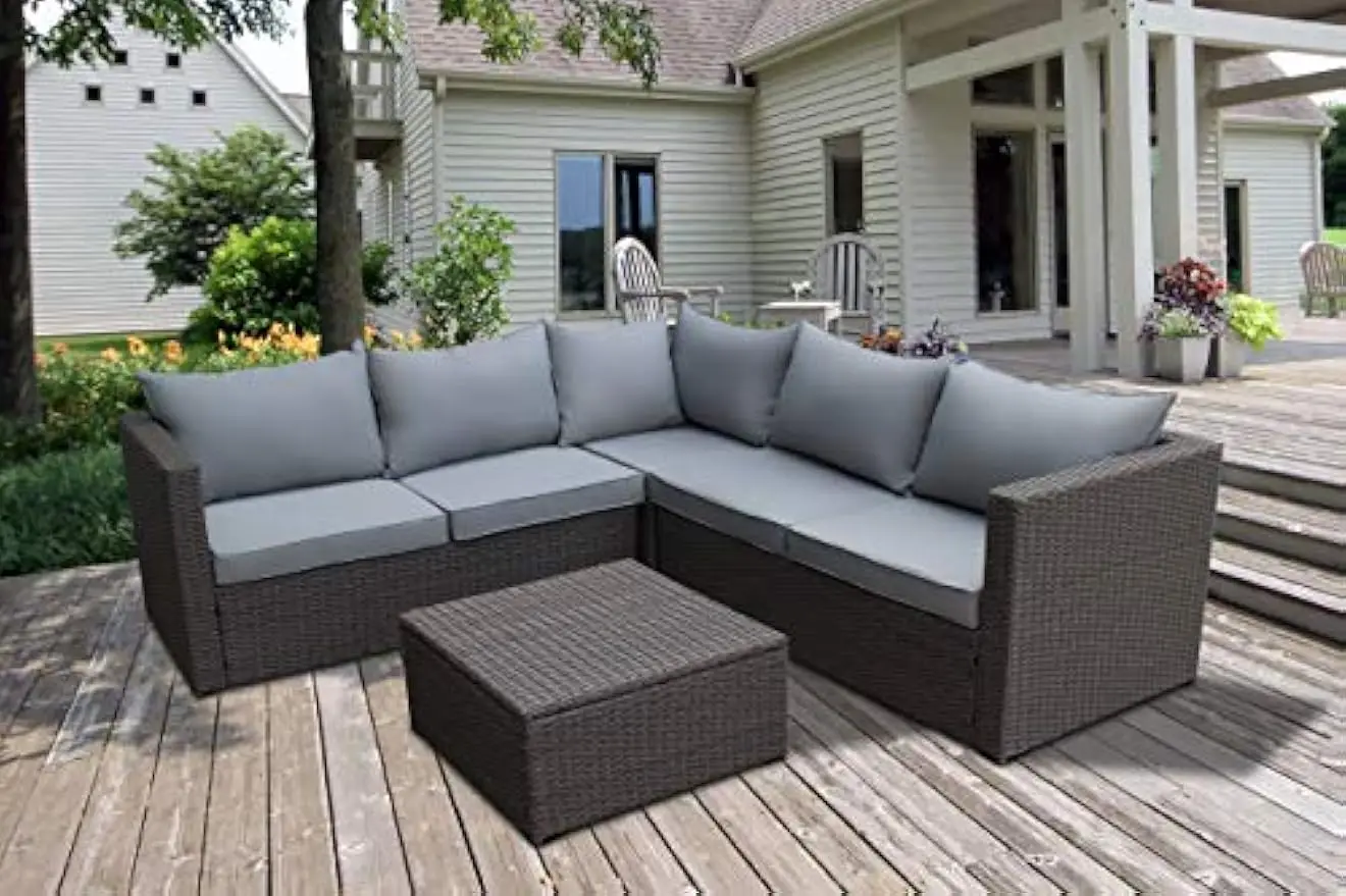 

Light Grey Large Outdoor Patio 4 Piece Modern Brown Rattan Wicker Sectional Sofa Cushions-with Coffee Table/Ottoman