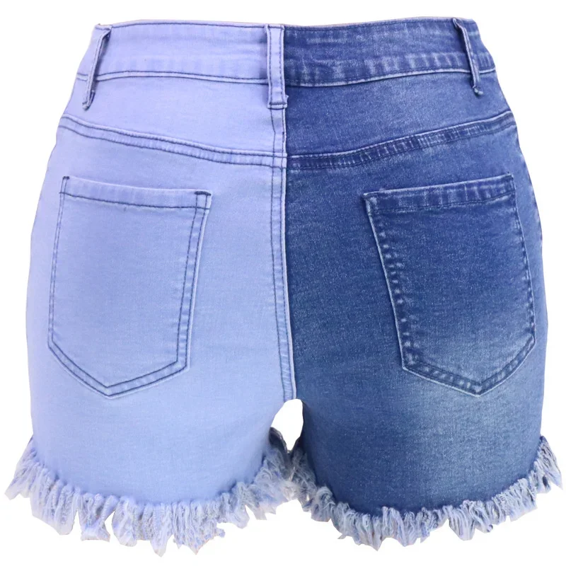 Fashion Front Zipper Open Crotch Denim Shorts Women Casual High Waist Color Contrast Patchwork Female Tassel Three Quarter Pants