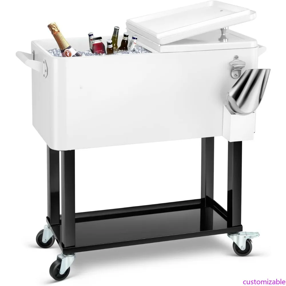 

80-Quart Rolling Ice Chest Cooler Cart for Outdoor Patio Parties with Drink Beverage Bar and Ice Scoop
