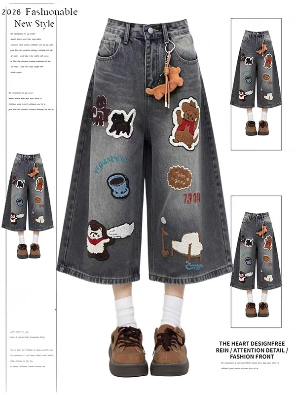 Retro American Cartoon Embroidered Knife  Seven-Foot Women's Jeans Casual High Waist Straight Leg Shorts Wide Match