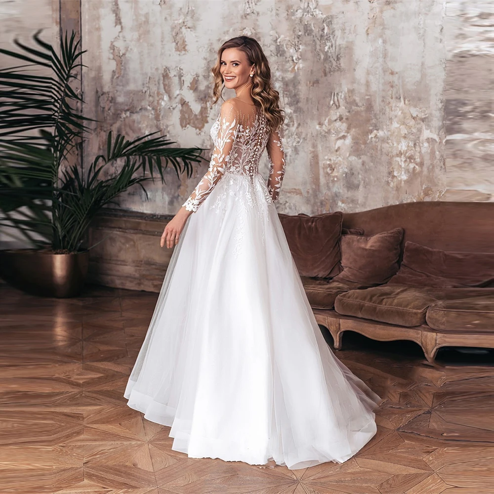 Sexy Deep-V Women Wedding Dresses Pretty Tulle Bridal Gowns Elegant A-Line Mopping Length Lace Printing Robes Vestidos De Novia