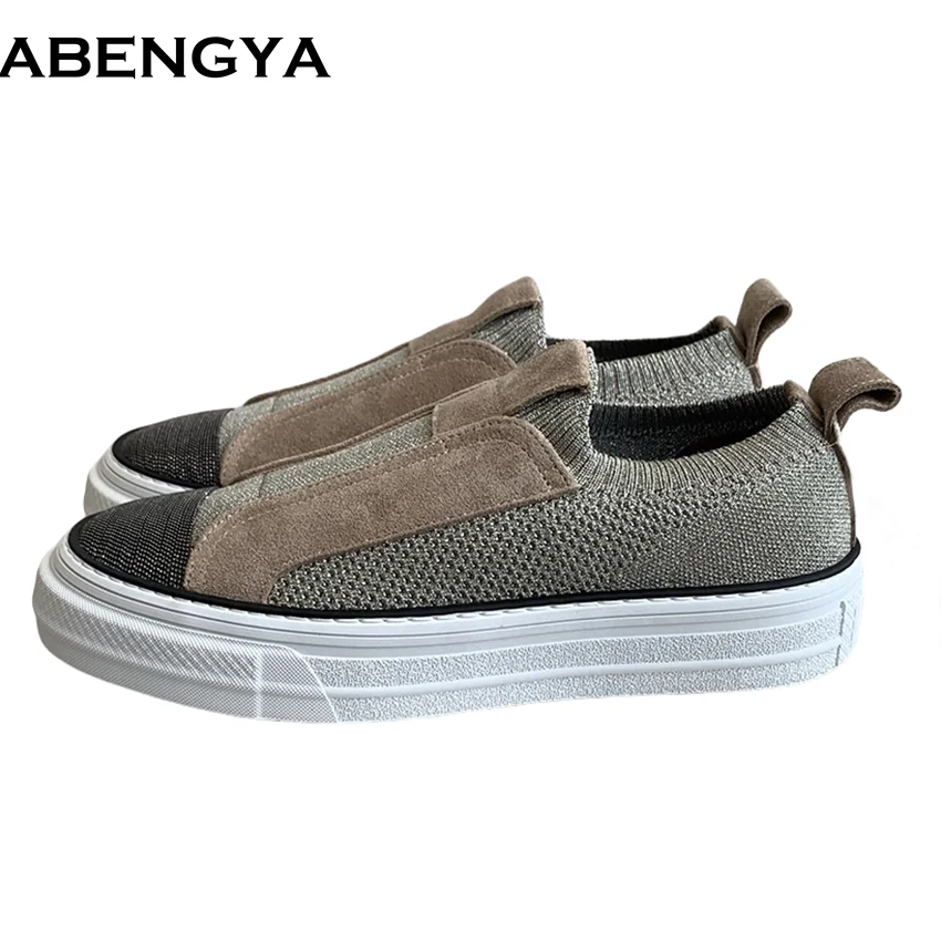 

Hot Platform Casual Sneakers Women Knitted Outdoors Running Shoes Woman Round Toe Slip-On Comfort Flat Women's Shoes