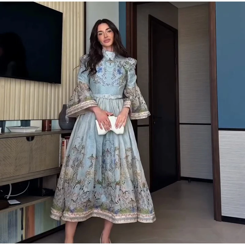 Printed Women's Maxi Dresses O-neck Big Swing Oversized Dress Irregular Hem Dresses Bohemian Female Robes Loose Partywear New