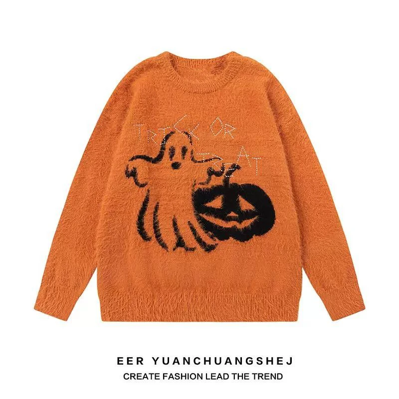Halloween Pumpkin Ghost Men O Neck Long Sleeve Sweater Fairy Graphic Funny Fashion Loose Couple Clothes Holiday Party Mardi Gras