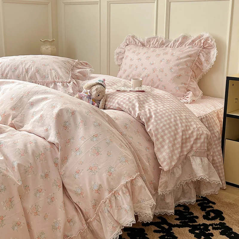 Korean Princess Style Ruffles Flower Print Bedding Set Duvet Cover Set Bed Skirt Bedspread Pillowcases 100% Cotton Home Textile