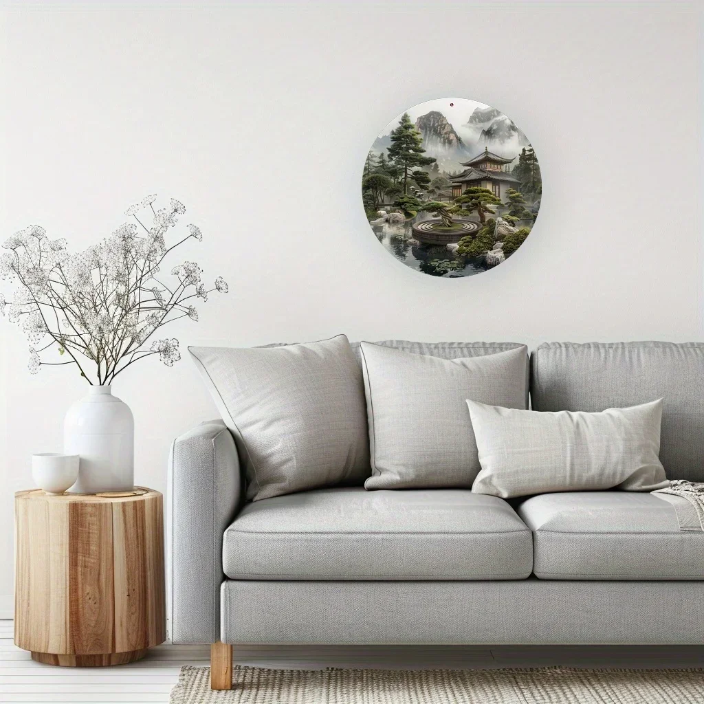 Tranquil Japanese Zen Garden Round Metal Sign, 2D Flat Printed Misty Mountain and Pagoda Art Tin Plaque, Serene Bonsai Tree and