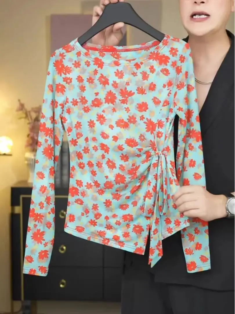 

Retro Hong Kong Style Long Sleeve Floral T-Shirt Women's Beautiful Waist-Cinching Slim Fit Sunshade Top Korean Style Commute
