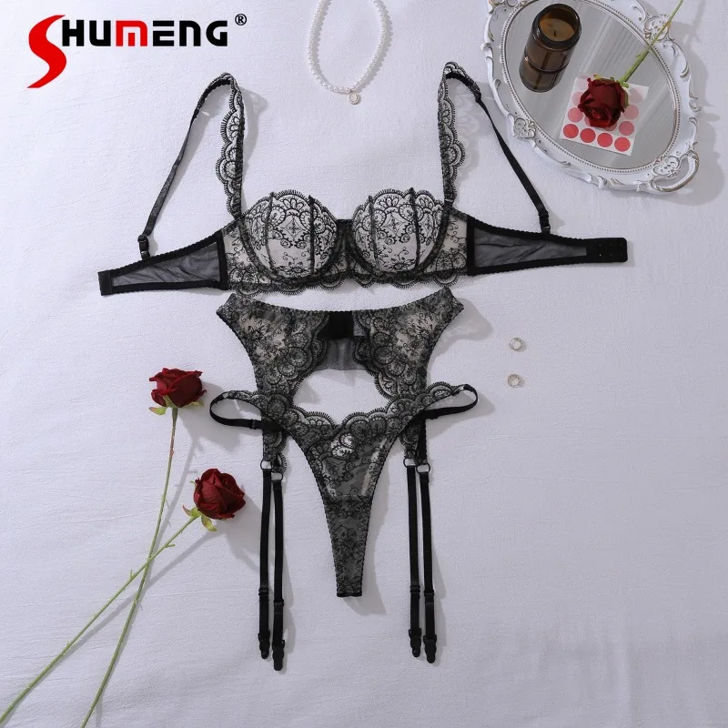 

Sexy Charming Underwire Push Up Garter Belt Lingerie Set Women's Lace Tops and Briefs Outfits Female Autumn Bodycon Suits
