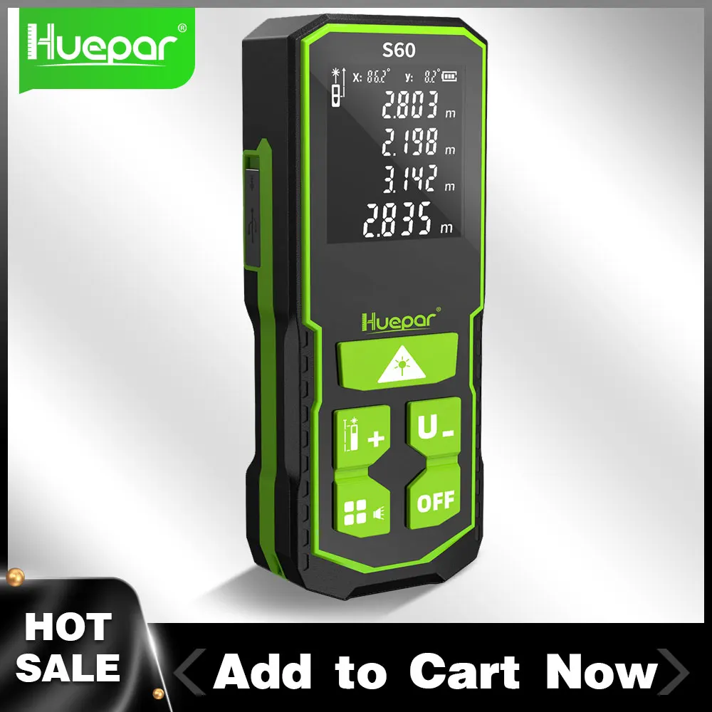 Huepar Laser Distance Digital Rangefinder 196Ft/60M  Measure with LCD Electronic Dual Angle Measurement Tools & Type-C Charging