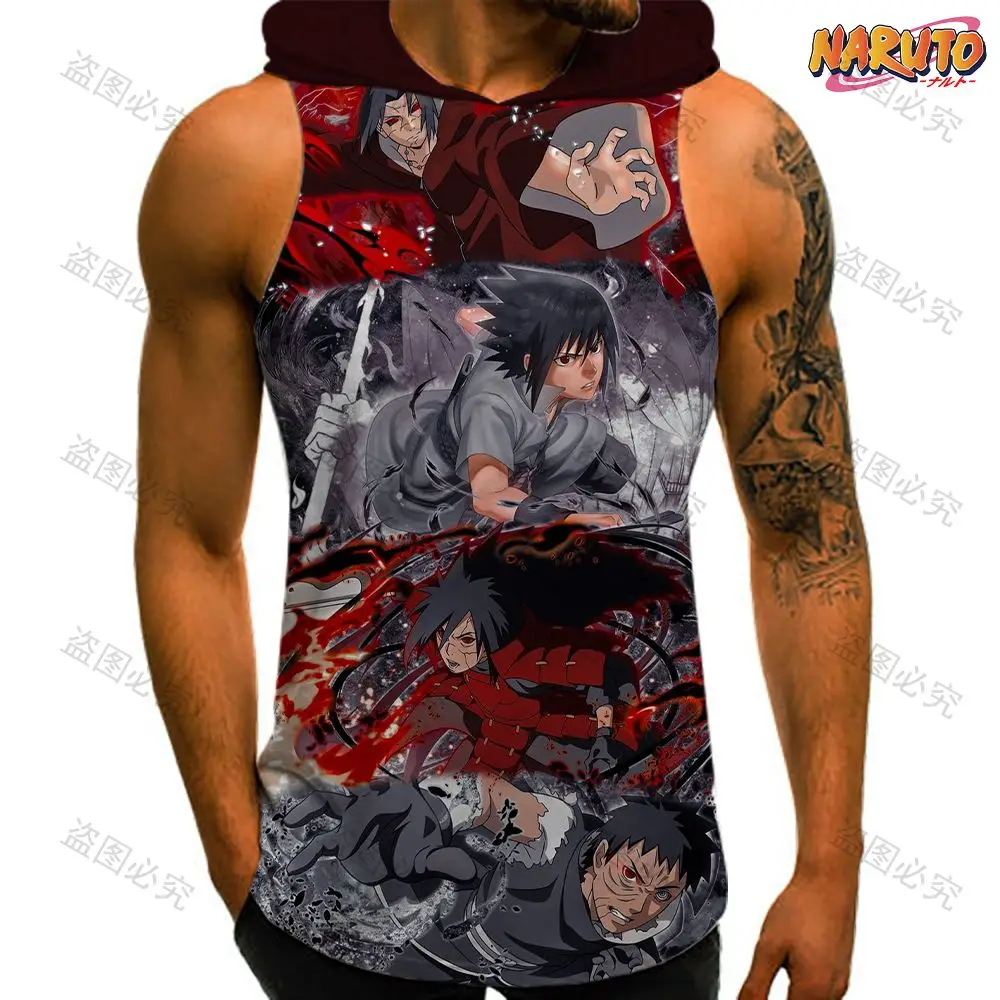 Hooded Vest Men's Clothes High Quality Naruto Gym Clothing Streetwear T-shirts New Anime Bodybuilding Sleeveless Essentials 2024