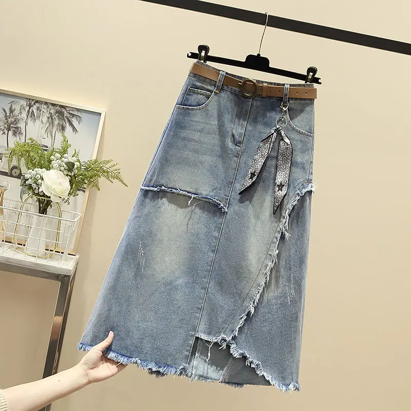 2025 New Women Blue Skirt Long Denim Skirts Korean Style Fashion Hole Oversize Skirts for Woman