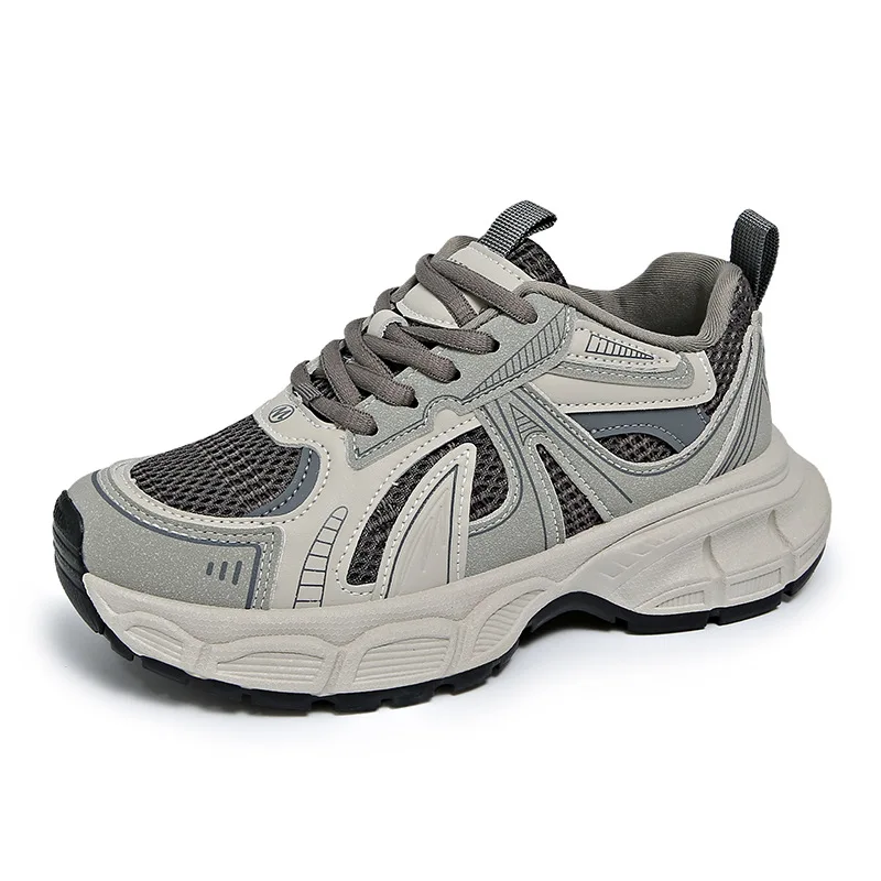 2026 Chunky Sneakers Women Mesh Leather Platform Shoes Mixed Colors Lace-Up Lady Trendy Trainers Thick Sole Handmade - view 5