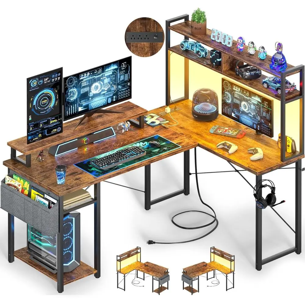 

Маленький L-образный игровой стол с розетками, 48-дюймовый реверсивный L-образный компьютерный стол со светодиодной подсветкой, подставкой для монитора и полками для хранения, для игр