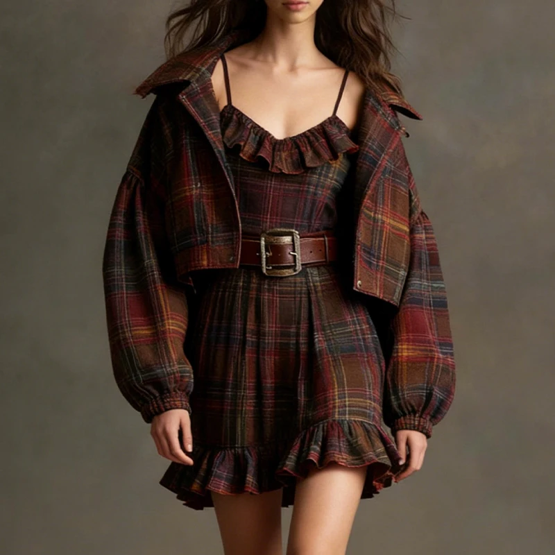 

Autumn Womens Plaid Shirt Coat Belt Dresses 2Pcs Set A-Line Slim Retro Pleated Dress Western Cowboy Style Party Dress Streetwear