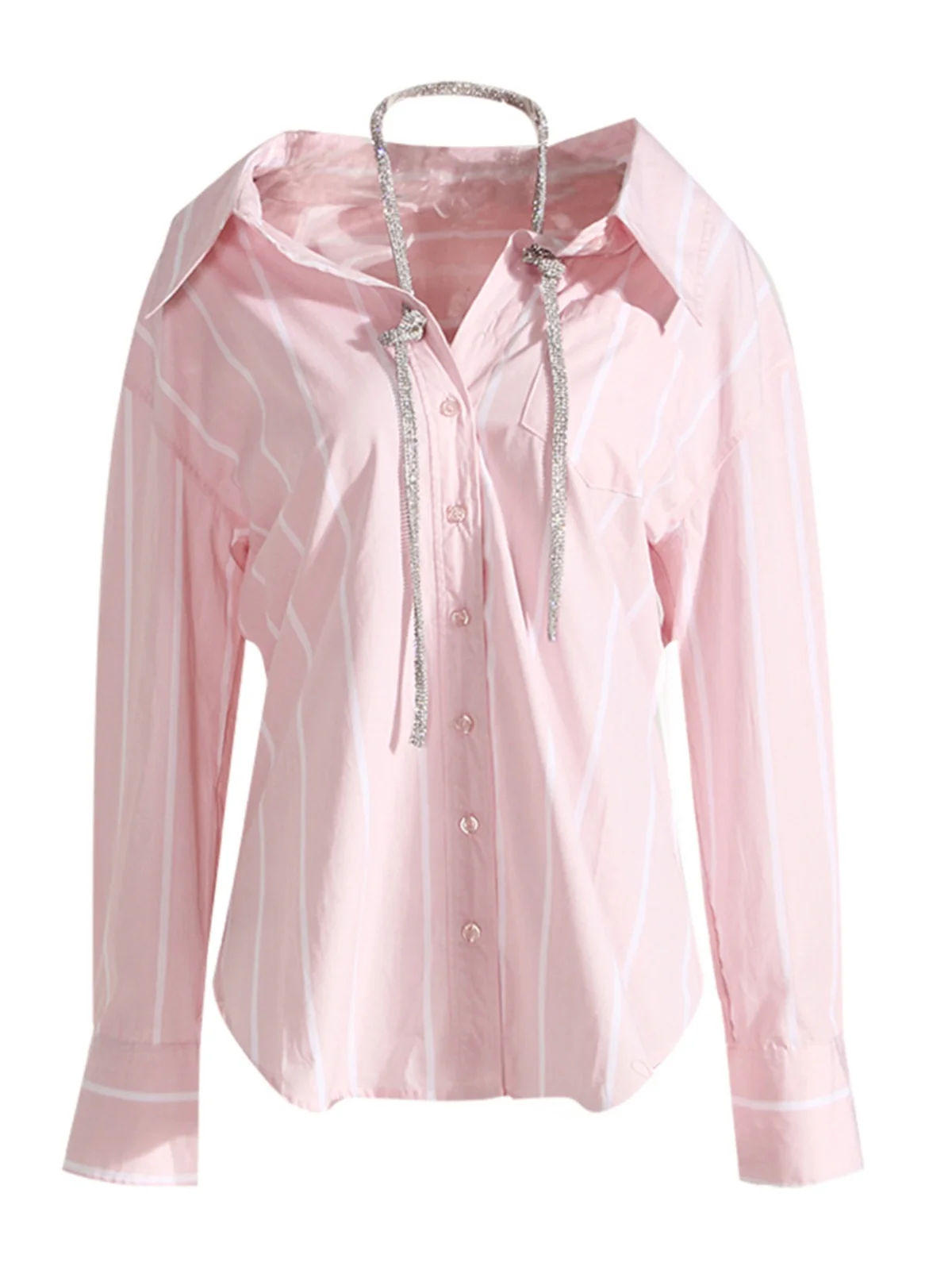 

Heavy Du Ne Hanging Diamond Chain Striped Long Sve Loose French Sle irt Женская хлопковая повседневная одежда премиум-класса