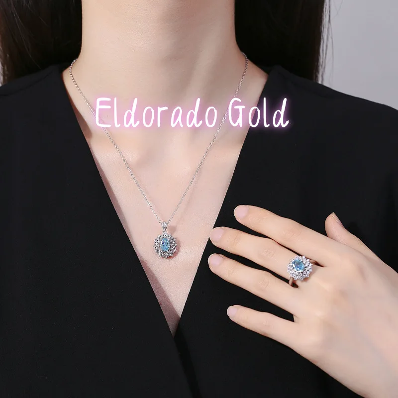 

Eldorado Gold Luxury Solid Platinum PT950 Women's Diamond Ring Sea Blue Three-piece Pendant Necklace Ring Stud Earrings