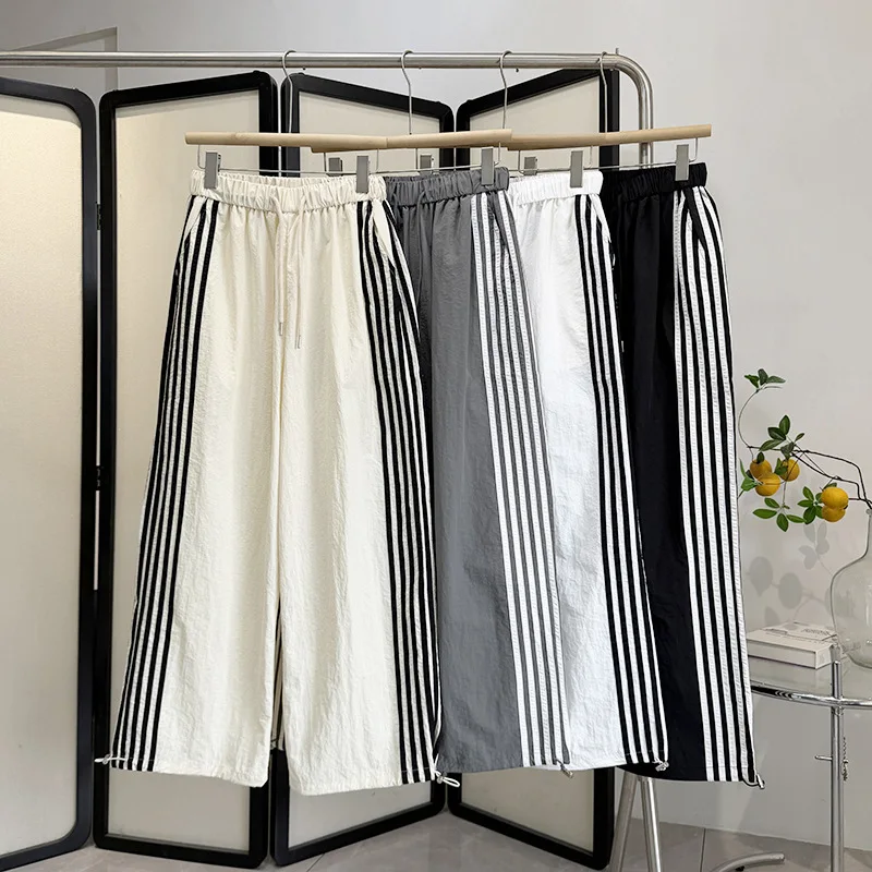 Maxdutti American Black Striped Wide Leg Pants 2026 Summer New Style Lazy Feeling Quick Drying Casual Thin And Loose Fit