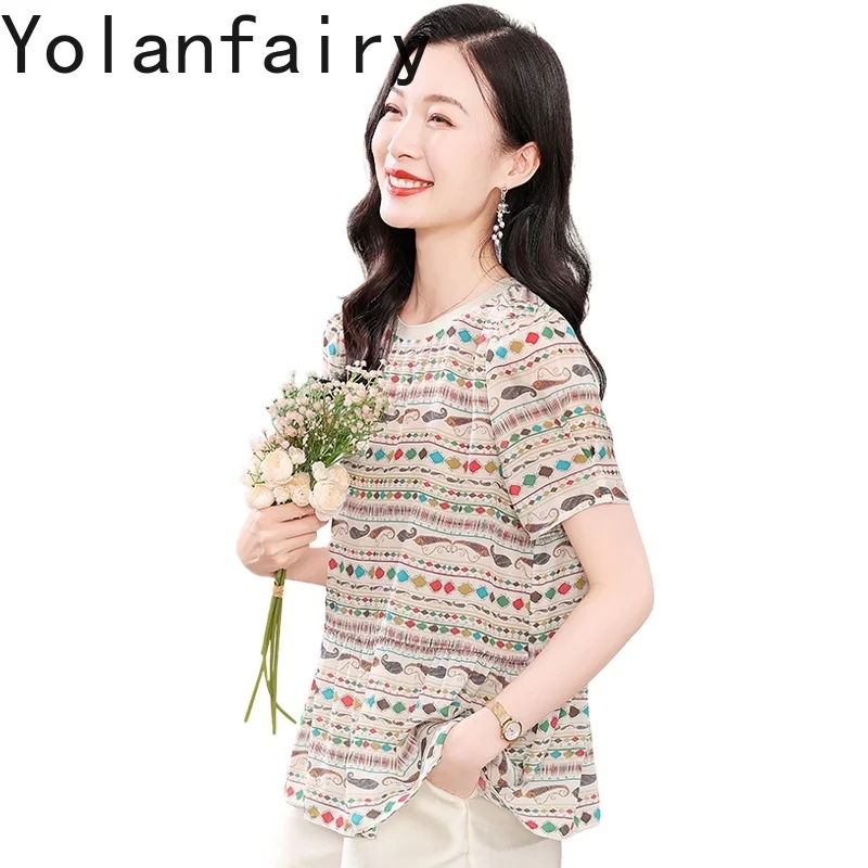 

YOLANFAIRY 100% Natural Mulberry Silk T Shirts for Women Summer O-neck Printed Tee Shirt Femme Elegant Tshirts Woman Ropa Mujer
