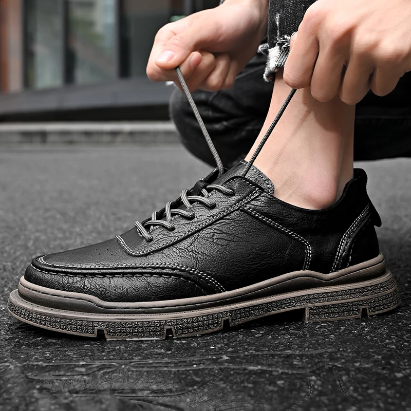 

Men's All-Season Casual Leather Shoes | Fashion Retro Outdoor Work Shoes | Low-top Round Toe Lace-up Soft Leather Shoes for Men