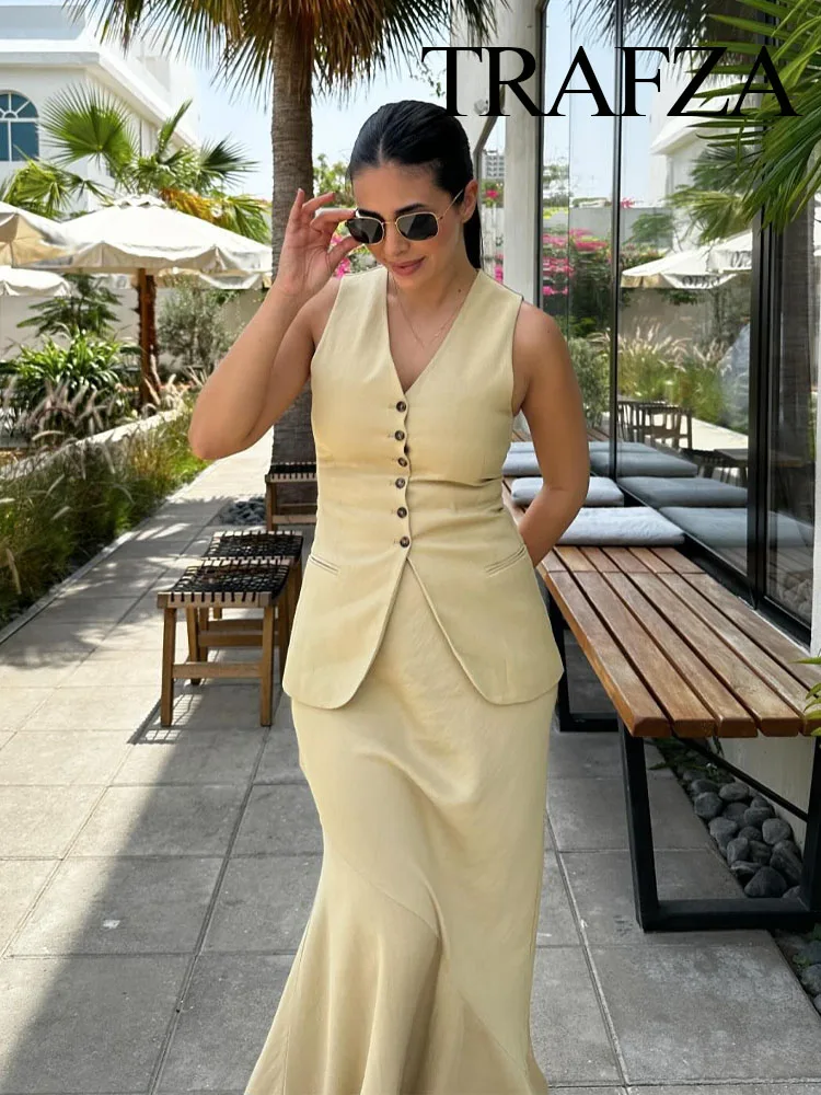 TRAFZA Summer Fashion Women Suits Khaki V-Neck Sleeveless Pockets Single Breasted Waistcoats+High Waist Asymmetrical Slim Skirt