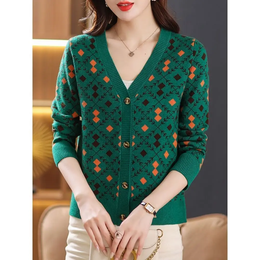 Spring Autumn Fashion Printing Plaid Knitting Cardigan Sweater Ladies All-match Buttons V-neck Sleeveless Coat Women's Clothing