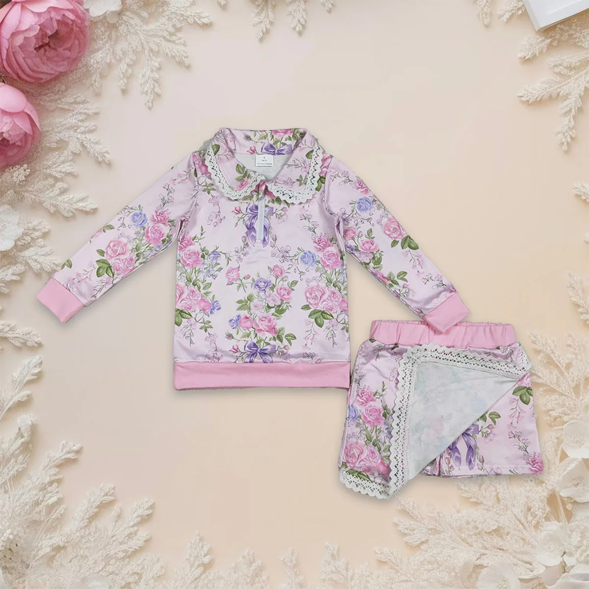 

Toddler Baby Girl Long Sleeve Pullover Flowers Zipper Collar Top Ruffle Skirt Shorts Skort Set Kids Children Outfit Wholesale