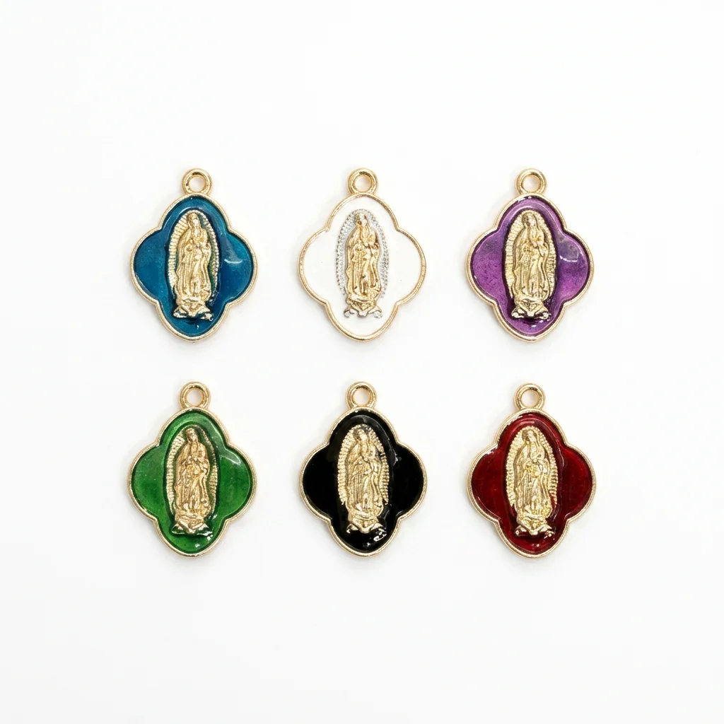 10Pcs Enamel Our Lady of Guadalupe Clover Charms Virgin Mary Catholic Pendants for DIY Rosary Jewelry