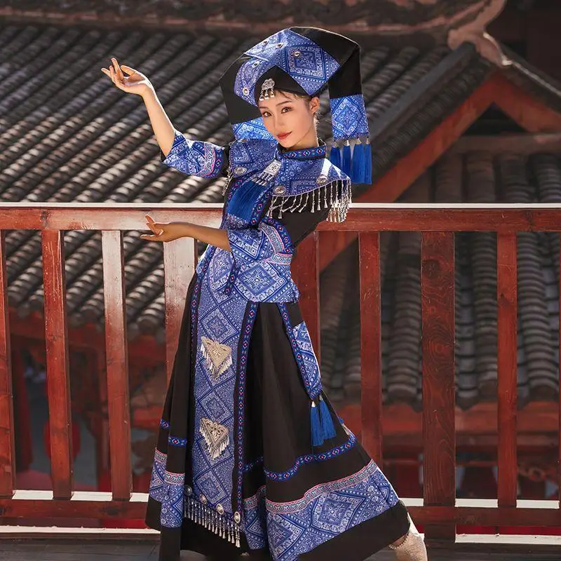 Guangxi Zhuang and Miao Ethnic Style Characteristic Clothing Female Ethnic Dance Stage Performance Exquisite Clothing Set