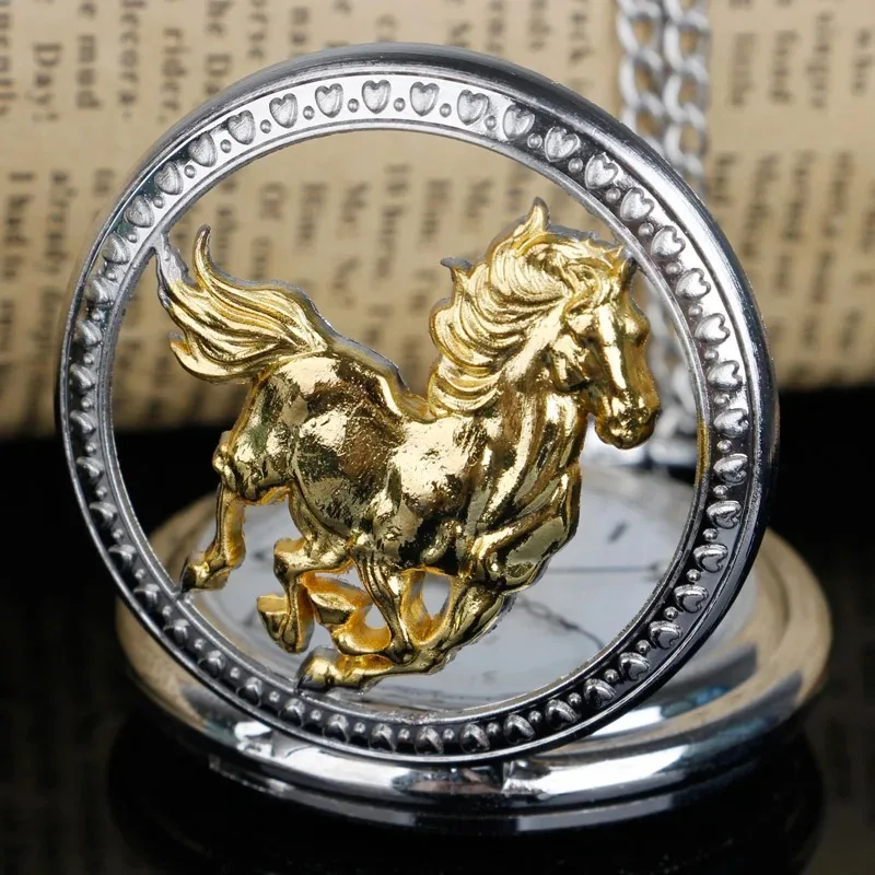Steampunk الفاخرة تشغيل الحصان الذهبي ساعة جيب كوارتز زودياك النمط الصيني قلادة مجوهرات الرجال النساء الهدايا مع سلسلة