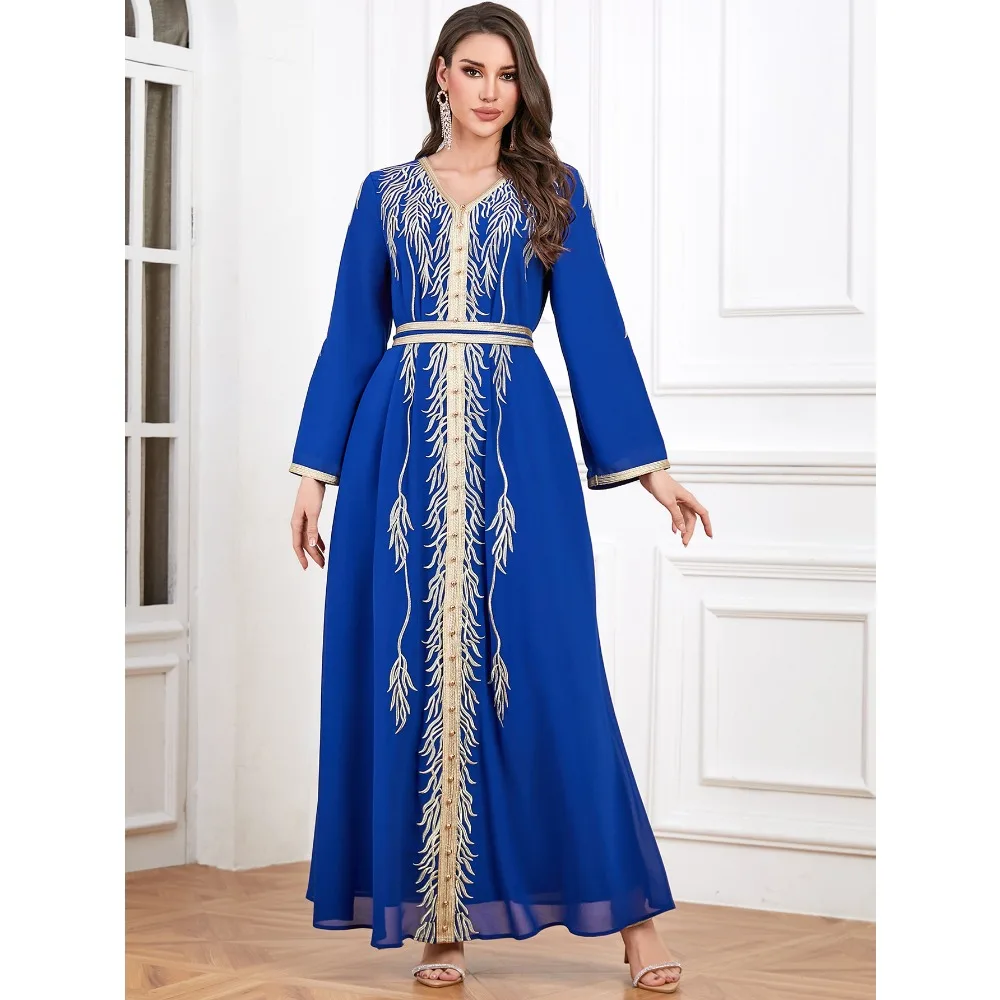 2025 Muslim Emberoidery Abayas for Women Elegant V-neck Long Sleeve Maxi Dress with Belted Lady Loose Party Gowns Islam Clothing