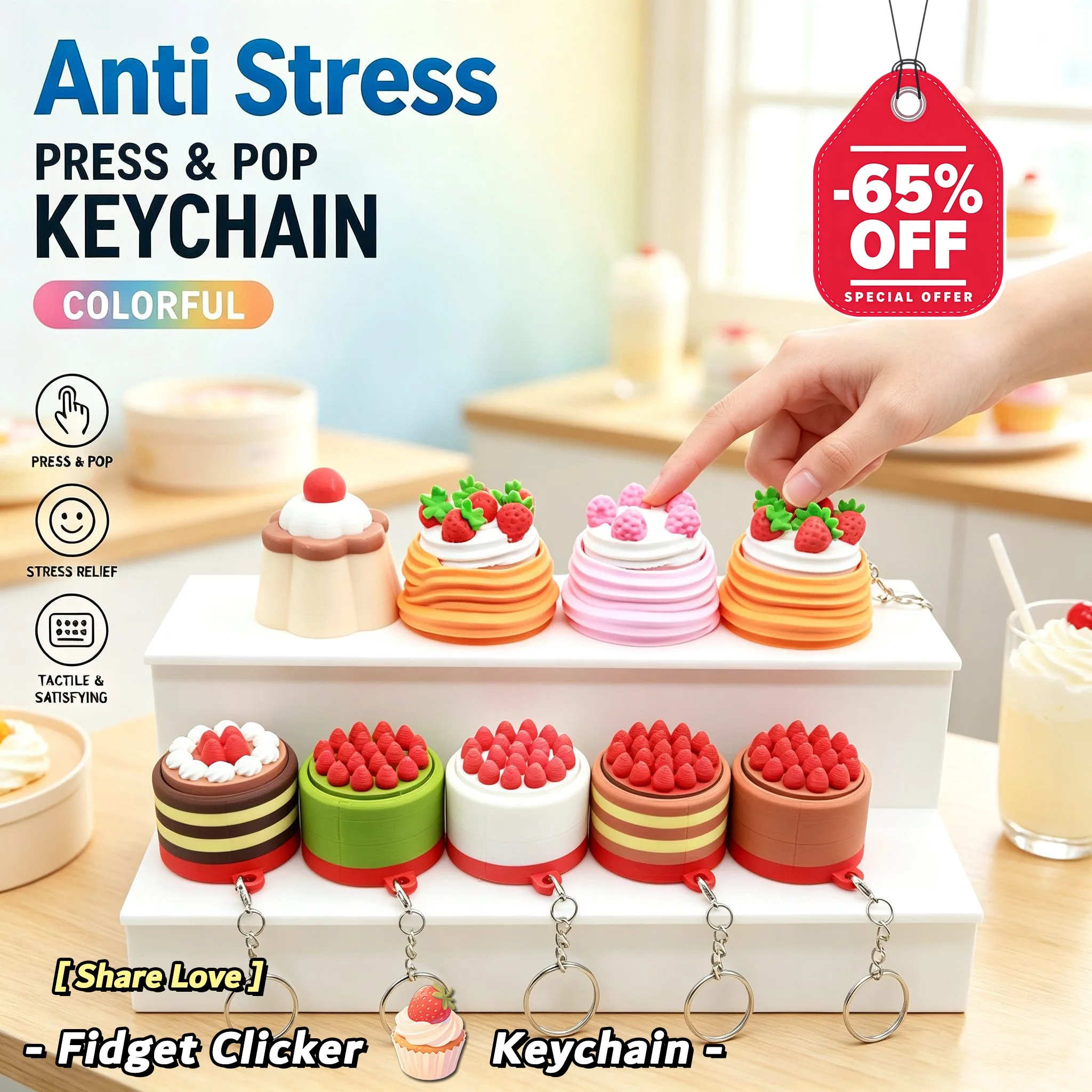 Mousse Cake Fidget Toy Keychain Simulated Dessert Keyboard Fidget Clicker Anti Stress Keyring Christmas New Year Couple Gifts