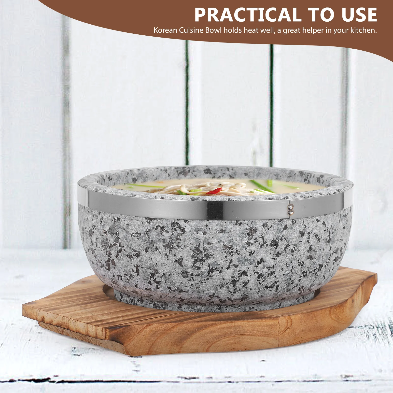 

1Set Stone Bowl Korean Cuisine Stone Pot 600ml Retention Cooking Soup Bibimbap Noodle Serving Bowl with Wood Base