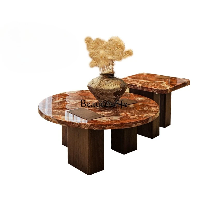 

French cream antique red dragon jade square circle marble coffee table