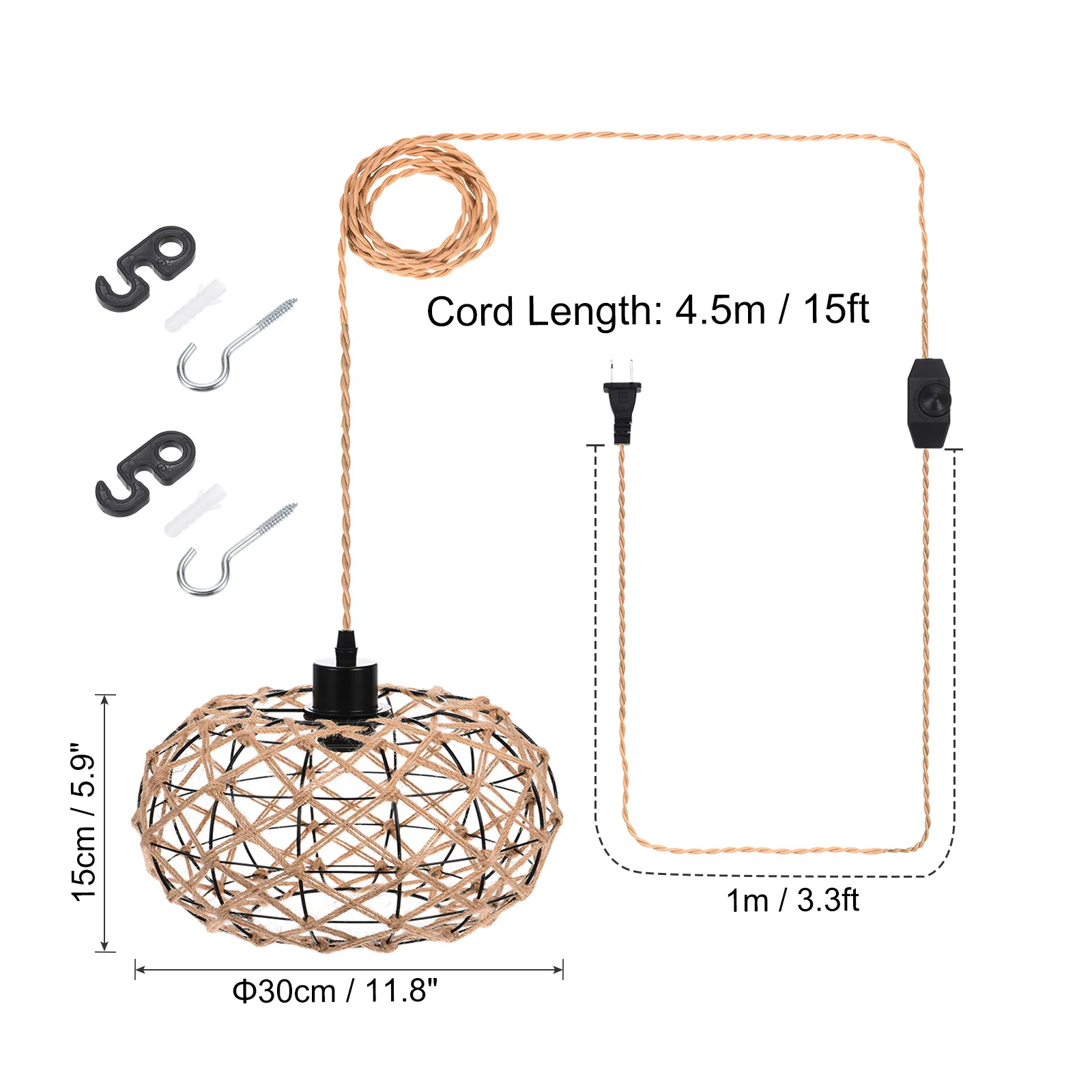 Plug in Pendant Light Woven Rattan Hanging Light Rustic Wicker Retro Hanging Lamp with Dimmable On/Off Switch 15Ft Rope for Cafe