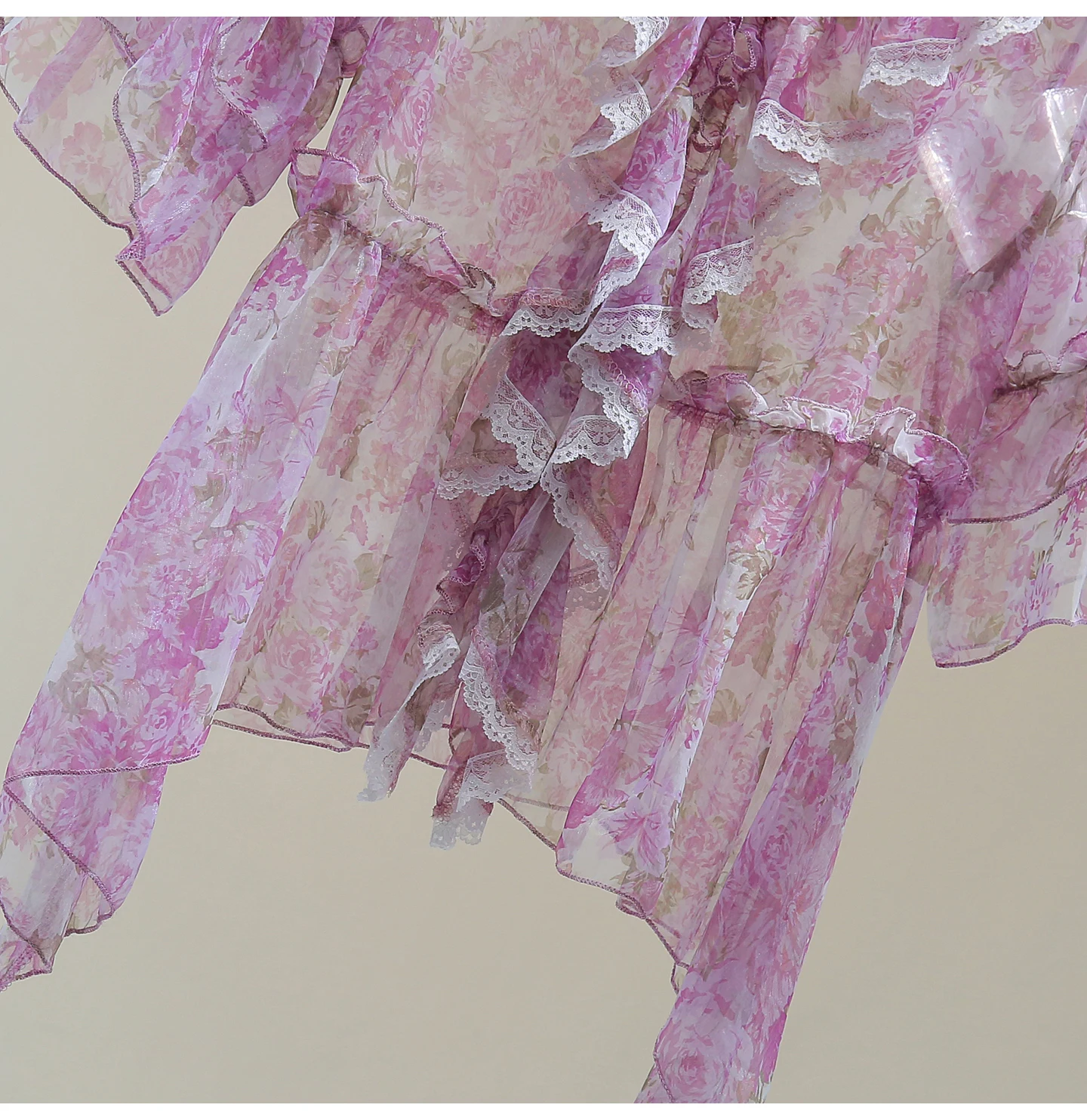 Lace Floral V-neck Thin Chiffon Shirt, Summer Top, Diamond Beads and Lotus Leaf Edge Medium Sleeve Sunscreen Blouse for Women